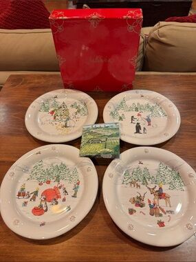 NIB RARE Retired Juliska B&T North Pole Cocktail Plates Set of 4 NEW Tree Deer